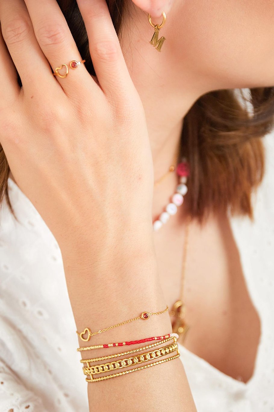 Pulsera de piedra de nacimiento de Color dorado de enero Rojo Acero inoxidable Imagen2